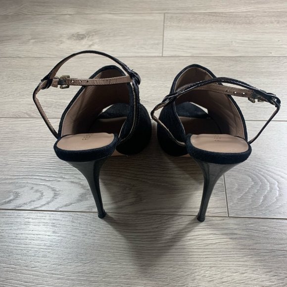 REISS Rena Black Suede Peep Toe Ankle Strap Heels - Picture 7 of 13
